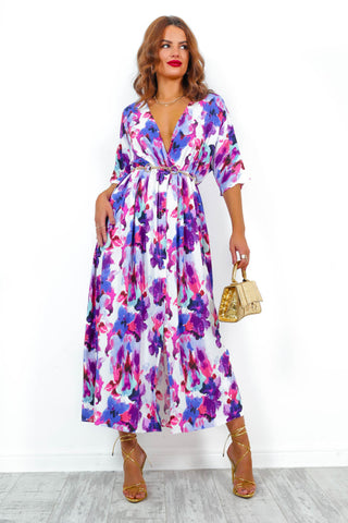 Nothing Bud Love - Blue Purple Floral Midi Dress