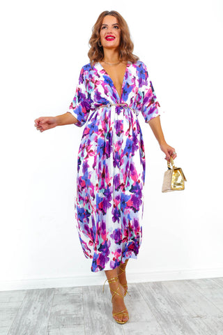 Nothing Bud Love - Blue Purple Floral Midi Dress