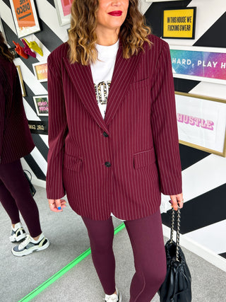 Off-Duty - Burgundy Oversized Pinstripe Blazer