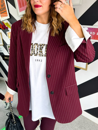 Off-Duty - Burgundy Oversized Pinstripe Blazer