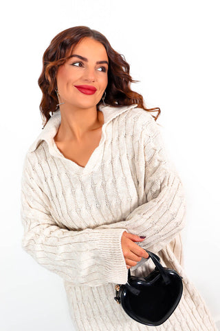 Off The Cable - Oatmeal Cable-Knit Collar Dress