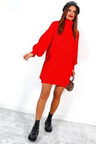 On A Roll - Red Lurex Knitted Jumper Dress