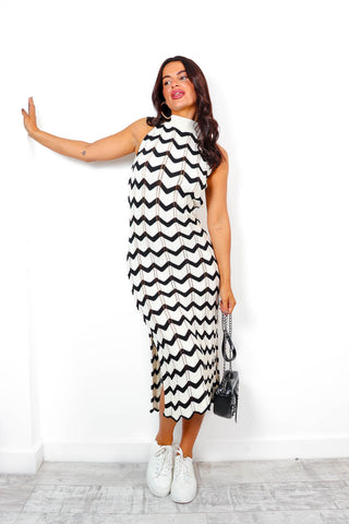 On The Edge - Beige Black Zig Zag Crochet Midi Dress