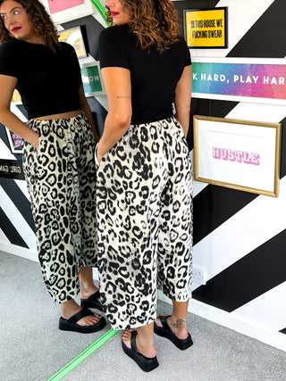 On Trend - Snow Leopard Print Barrel Leg Joggers