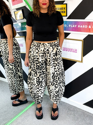 On Trend - Snow Leopard Print Barrel Leg Joggers