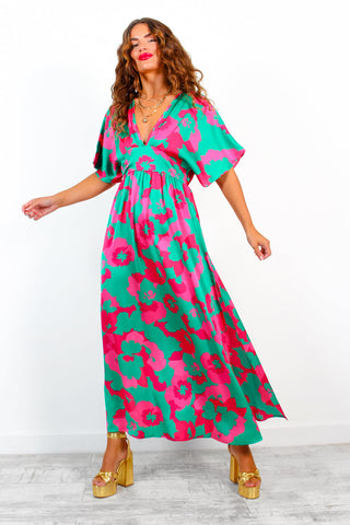 Once In A Lifetime - Green Fuchsia Floral Maxi Dress