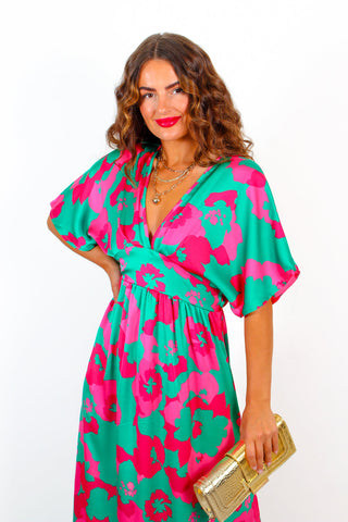 Once In A Lifetime - Green Fuchsia Floral Maxi Dress