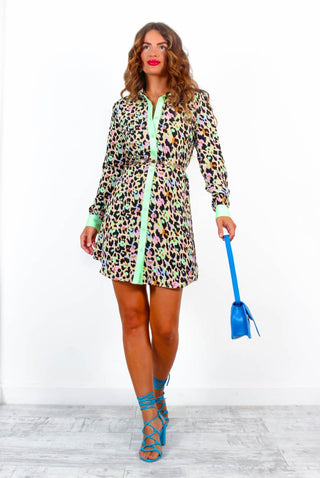 Out My Business - Beige Multi Leopard Mini Shirt Dress