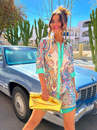 Out My Business - Multi Mint Paisley Mini Shirt Dress