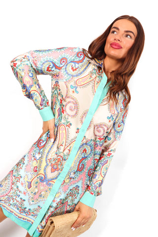 Out My Business - Multi Mint Paisley Mini Shirt Dress