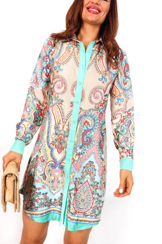Out My Business - Multi Mint Paisley Mini Shirt Dress