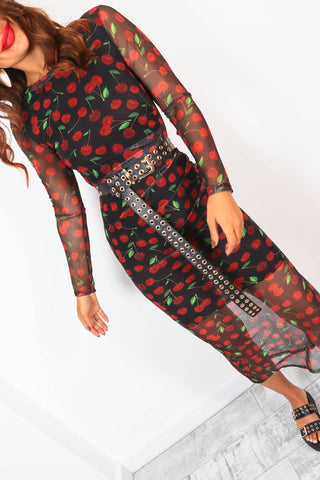 Out Of This World - Black Red Cherry Print Mesh Midi Dress
