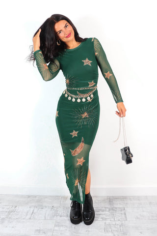 Out Of This World - Forest Gold Celestial Printed Mesh Midi Dress