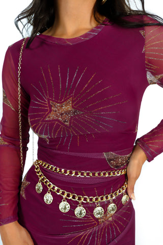 Out Of This World - Magenta Gold Celestial Printed Mesh Midi Dress