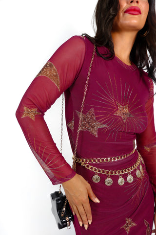 Out Of This World - Magenta Gold Celestial Printed Mesh Midi Dress