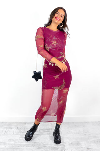 Out Of This World - Magenta Gold Celestial Printed Mesh Midi Dress