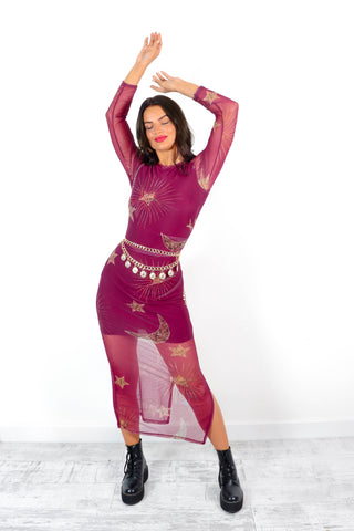 Out Of This World - Magenta Gold Celestial Printed Mesh Midi Dress