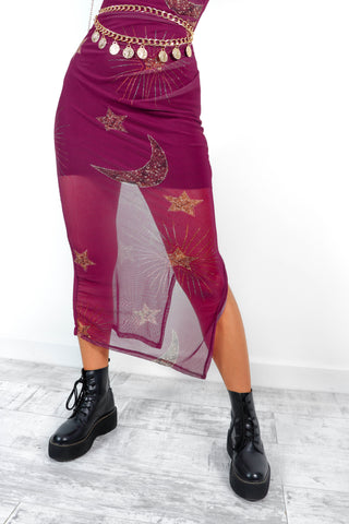Out Of This World - Magenta Gold Celestial Printed Mesh Midi Dress