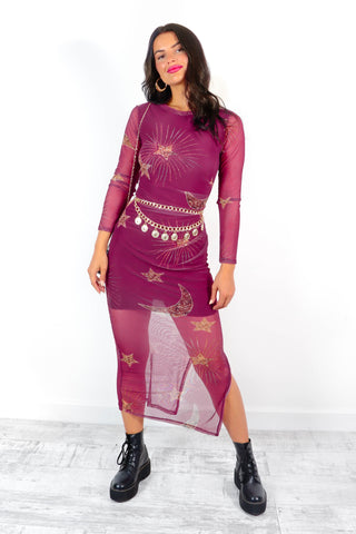 Out Of This World - Magenta Gold Celestial Printed Mesh Midi Dress