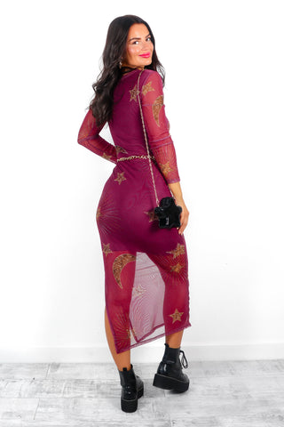 Out Of This World - Magenta Gold Celestial Printed Mesh Midi Dress