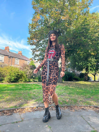 Out Of This World - Leopard Red Mouth Graphic Mesh Midi Dress