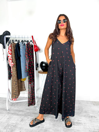 Perfect In Print - Black Red Cherry Print Wide Leg Jumpsuit