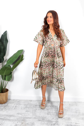 Pleat Me Better- Olive Beige Leopard Pleated Dip Hem Dress