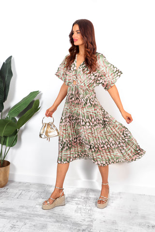 Pleat Me Better- Olive Beige Leopard Pleated Dip Hem Dress