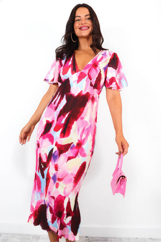 Pretty in Pleats - Pink Floral Short Sleeve Pleated Midi Dress