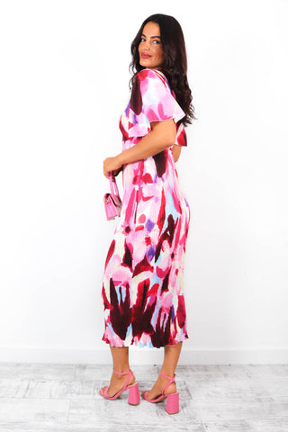 Pretty in Pleats - Pink Floral Short Sleeve Pleated Midi Dress