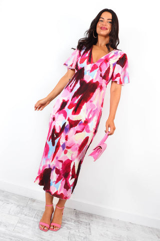 Pretty in Pleats - Pink Floral Short Sleeve Pleated Midi Dress