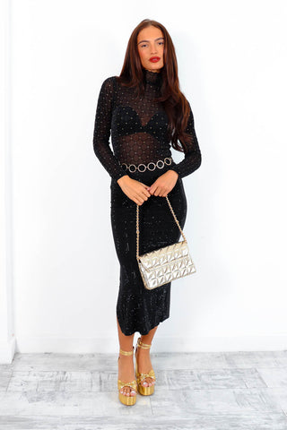 Put A Bling On It - Black Diamante Midi Skirt