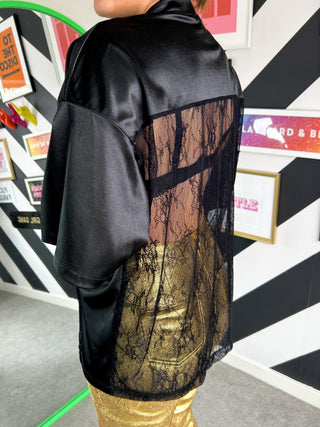 Right Sheer Right Now - Black Bodice Lace Varsity T-Shirt