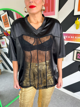 Right Sheer Right Now - Black Bodice Lace Varsity T-Shirt