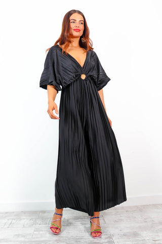 Ring Me Back - Black Cut Out Pleated Jumpsuit