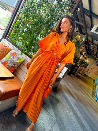 Ring Me Back - Orange Cut Out Pleated Jumpsuit