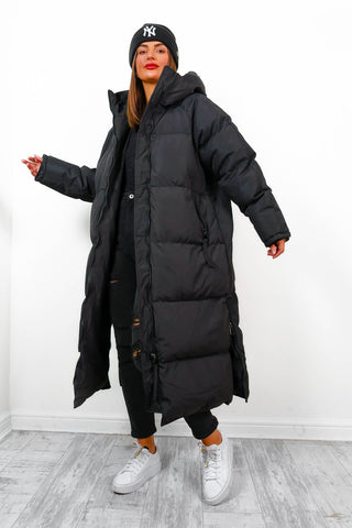 Rock the Coat - Black Long Hooded Puffer Jacket