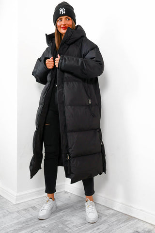 Rock the Coat - Black Long Hooded Puffer Jacket