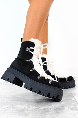 Say Freeze - Black Cream Borg Ankle Boots