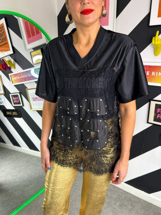 See It Through - Black Number Lace Varsity T-Shirt