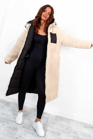 Seeing Double - Black Teddy Reversible Longline Puffer Coat