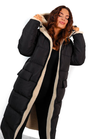 Seeing Double - Black Teddy Reversible Longline Puffer Coat