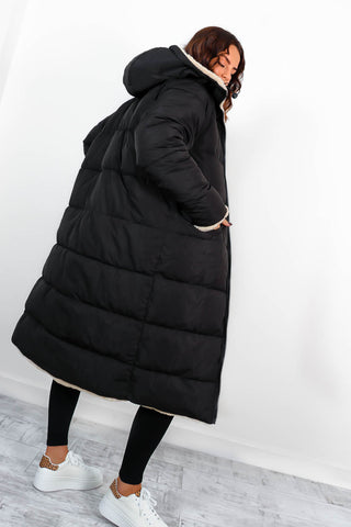 Seeing Double - Black Teddy Reversible Longline Puffer Coat