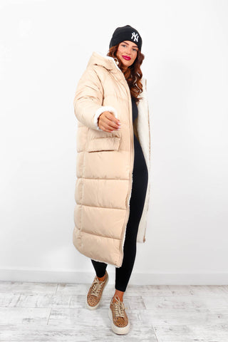 Seeing Double - Cream Teddy Reversible Longline Puffer Coat