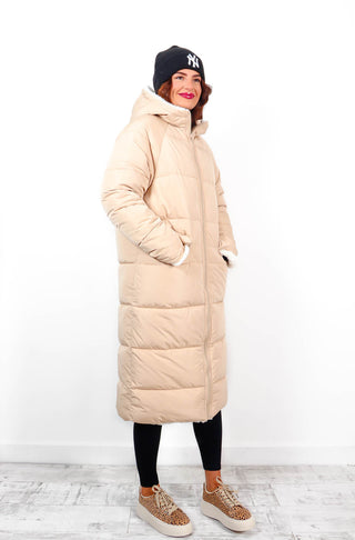 Seeing Double - Cream Teddy Reversible Longline Puffer Coat