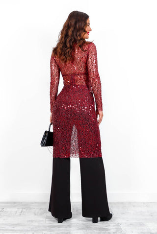 Sequin Fantasies - Wine Mesh Midi Dress