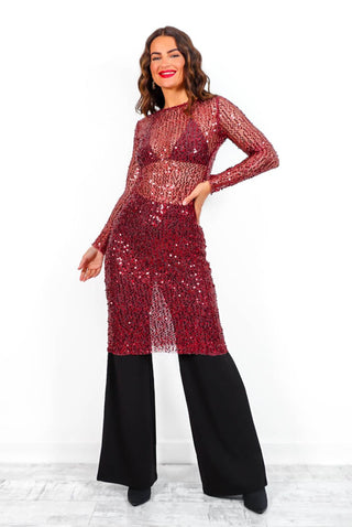 Sequin Fantasies - Wine Mesh Midi Dress