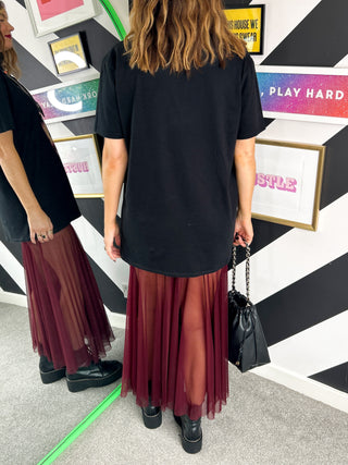 Serious About Style  - Burgundy Mesh Midi Skirt
