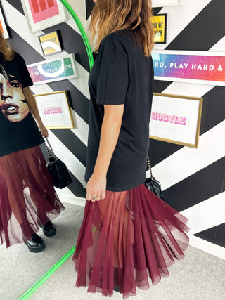 Serious About Style  - Burgundy Mesh Midi Skirt