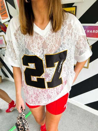 She Takes First Lace - White Lace Varsity Football T-shirt